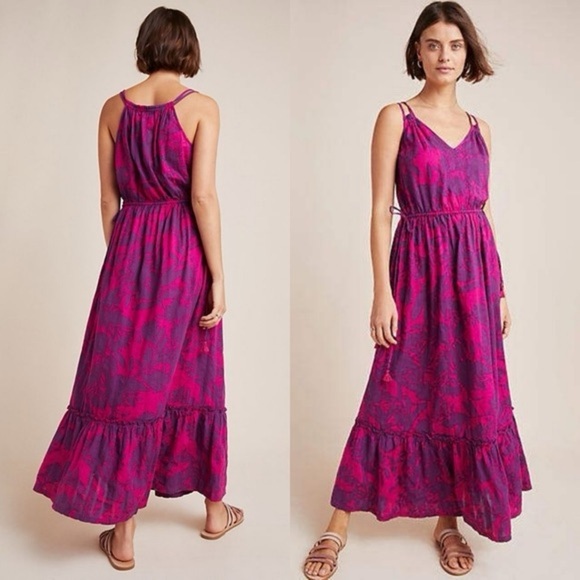 Anthropologie Saturday Sunday Magenta Purple Floral Maxi Dress 100% Cotton SizeS - Picture 1 of 9